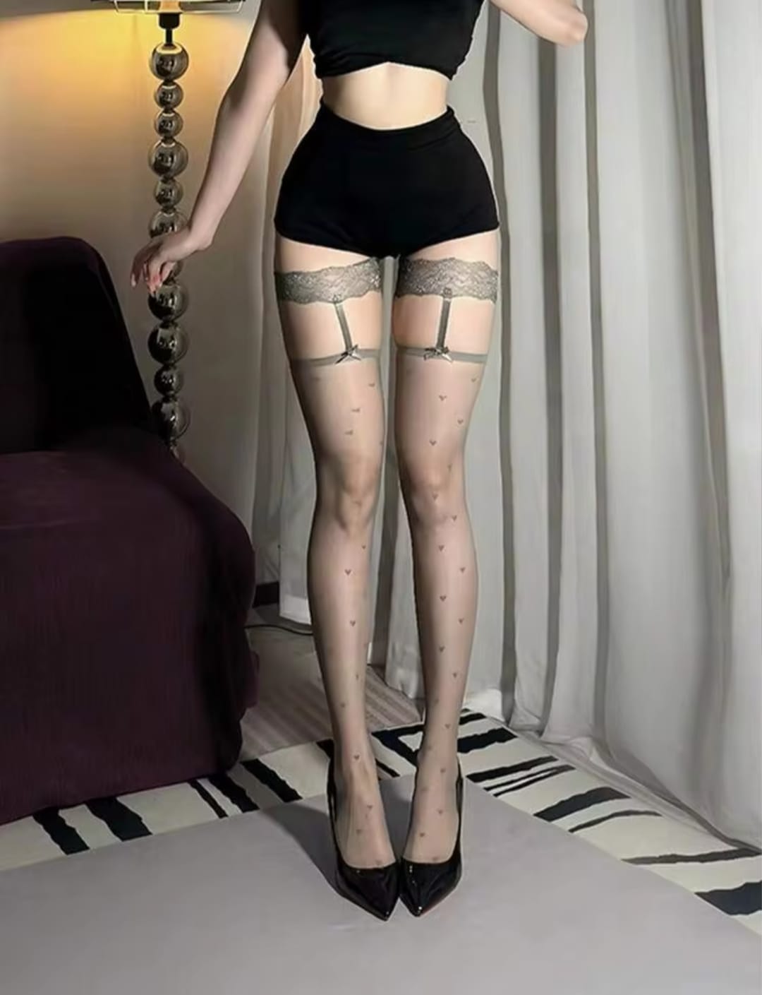Women’s Sheer Heart Pattern Thigh-High Stockings with Lace Top & Bow Detail – Pink
